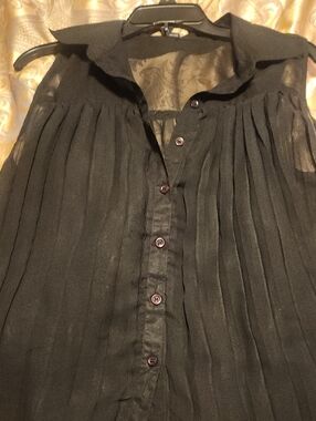 Women's Sheer Pleated Button-Up Blouse - Black